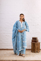 ZOORI TURQUOISE EMBROIDERED KURTA SET OF 3