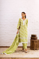 ZOORI LIME GREEN EMBROIDERED KURTA SET OF 3