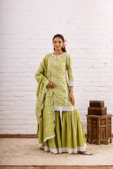 ZOORI LIME GREEN EMBROIDERED GHARARA SET OF 3