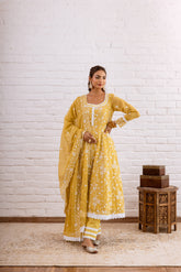 ZOORI MUSTARD YELLOW KOTA DORIYA EMBROIDERY ANARKALI SET OF 3