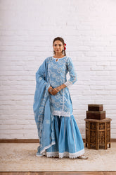 ZOORI TURQUOISE EMBROIDERED GHARARA SET OF 3