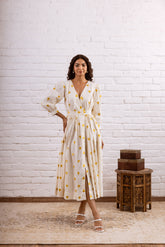 YELOOW HEART EMBROIDERED WRAP DRESS