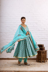 NOORANI TURQUOISE BLOCK PRINTED ANARKALI SET OF 3