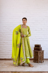 NOORANI LIME GREEN BLOCK PRINTED ANARKALI SET OF 3