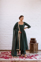 NOORANI EMERALD DARK GREEN SOLID ANARKALI SET OF 3