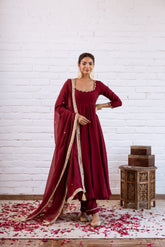 NOORANI MAROON SOLID ANARKALI SET OF 3