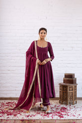 NOORANI WINE SOLID ANARKALI SET OF 3