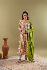 WHITE GREEN PRINTED ANARKALI SET OF 3