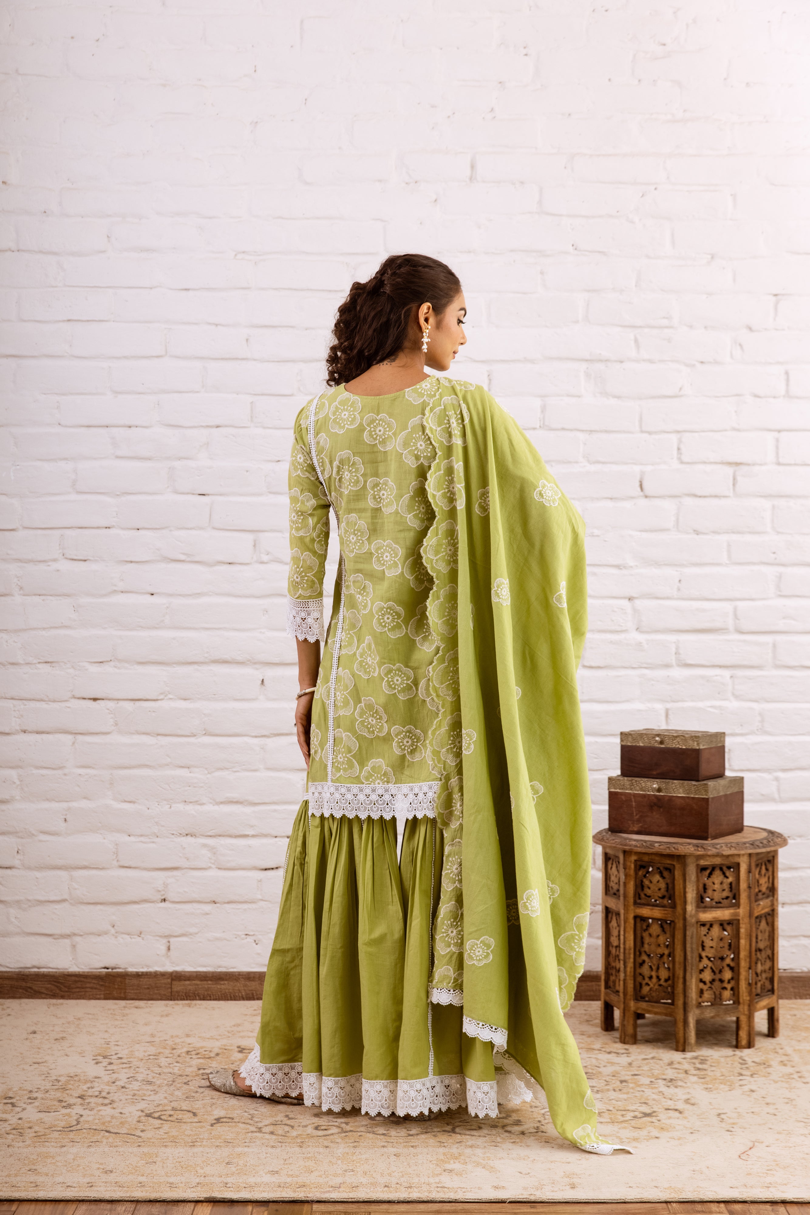 ZOORI LIME GREEN EMBROIDERY GHARARA SET  - SET OF 3