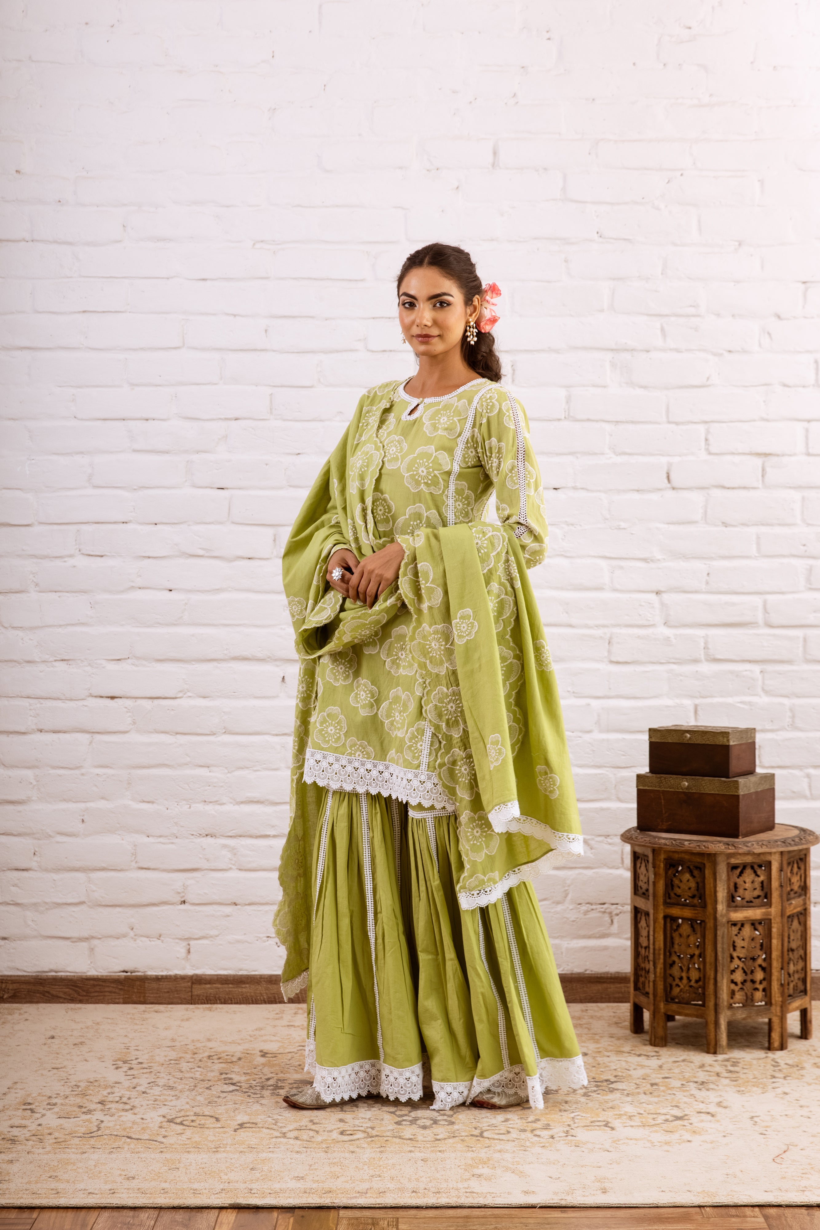 ZOORI LIME GREEN EMBROIDERY GHARARA SET  - SET OF 3