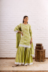 ZOORI LIME GREEN EMBROIDERY GHARARA SET  - SET OF 3