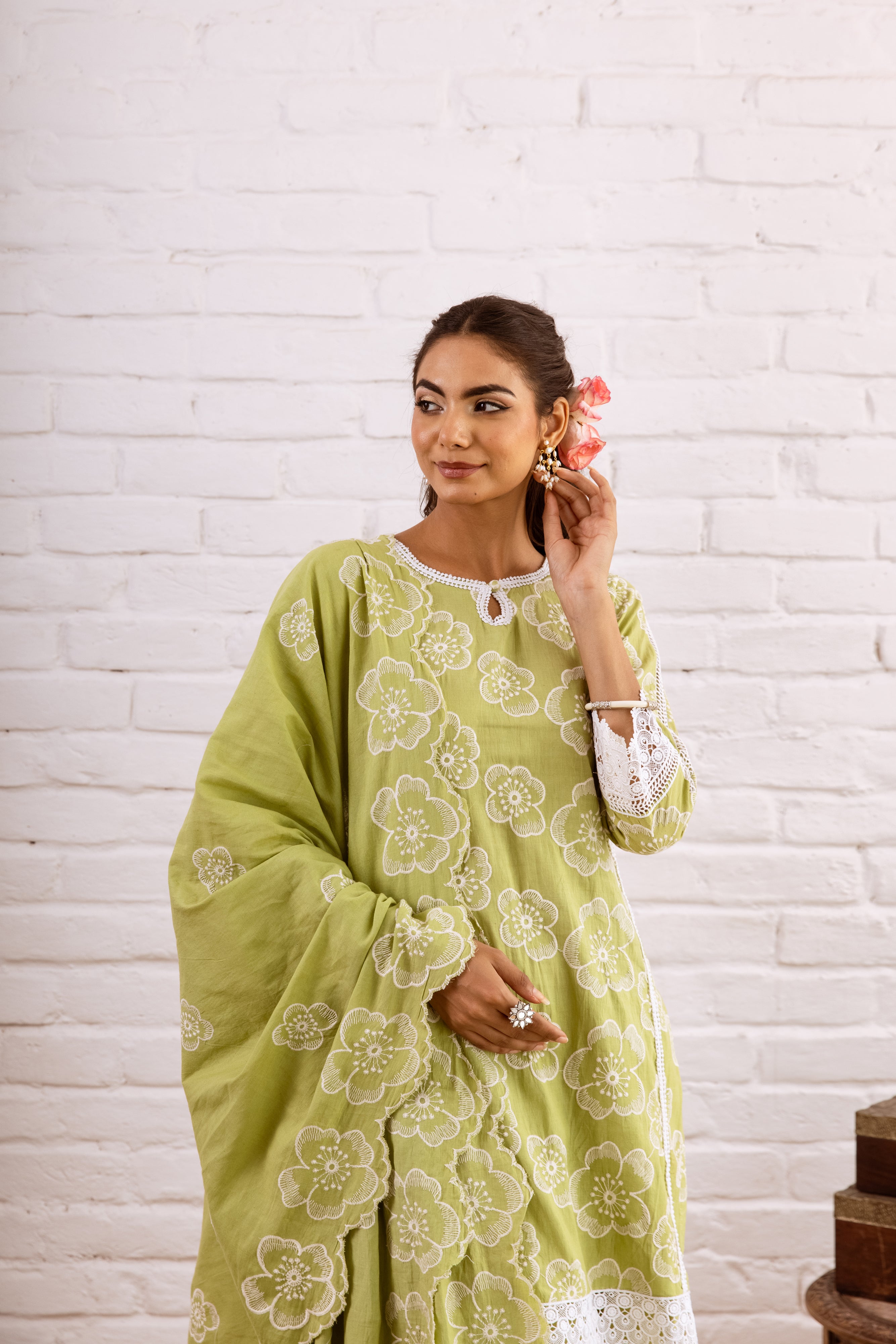 ZOORI LIME GREEN EMBROIDERY GHARARA SET  - SET OF 3