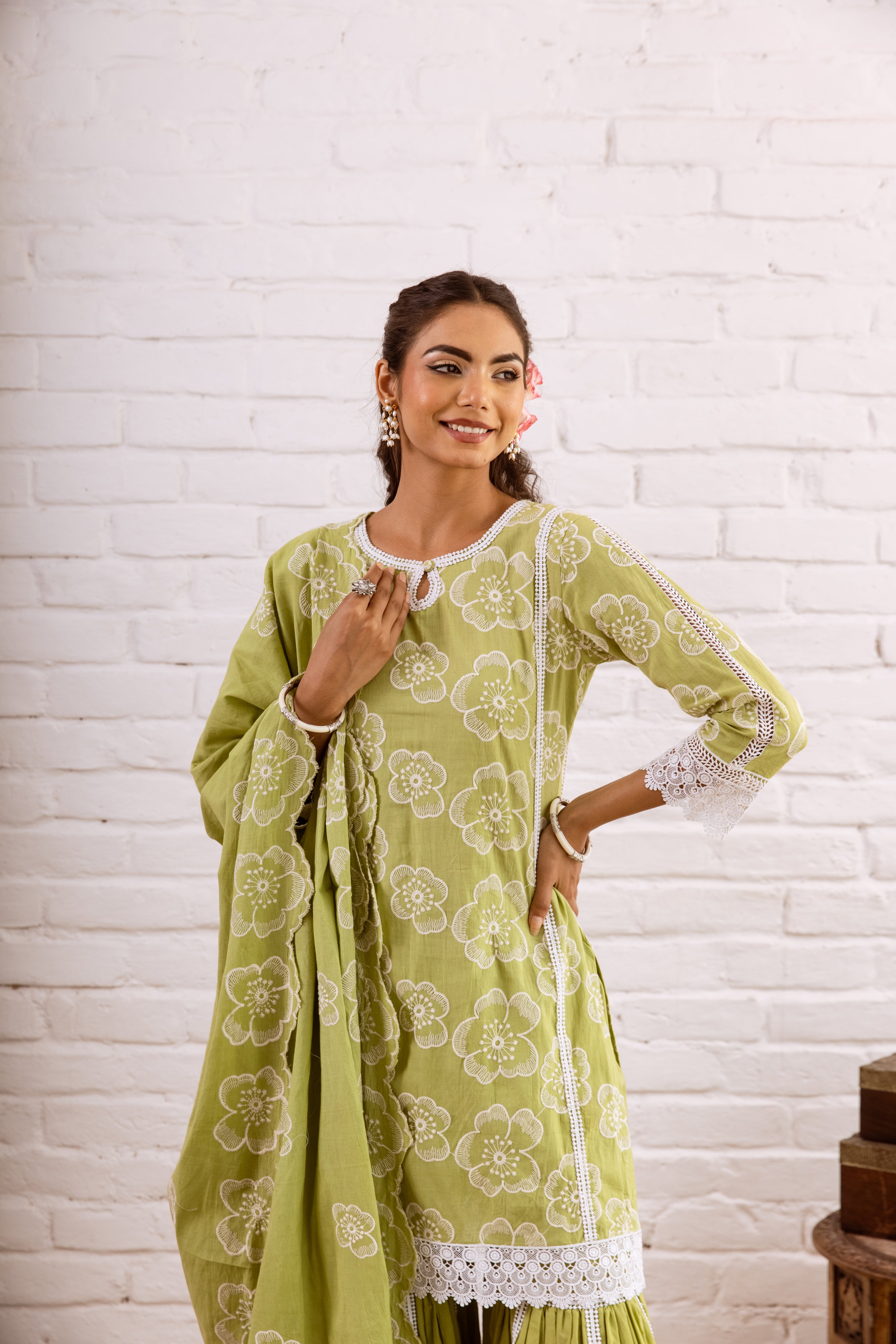 ZOORI LIME GREEN EMBROIDERY GHARARA SET  - SET OF 3