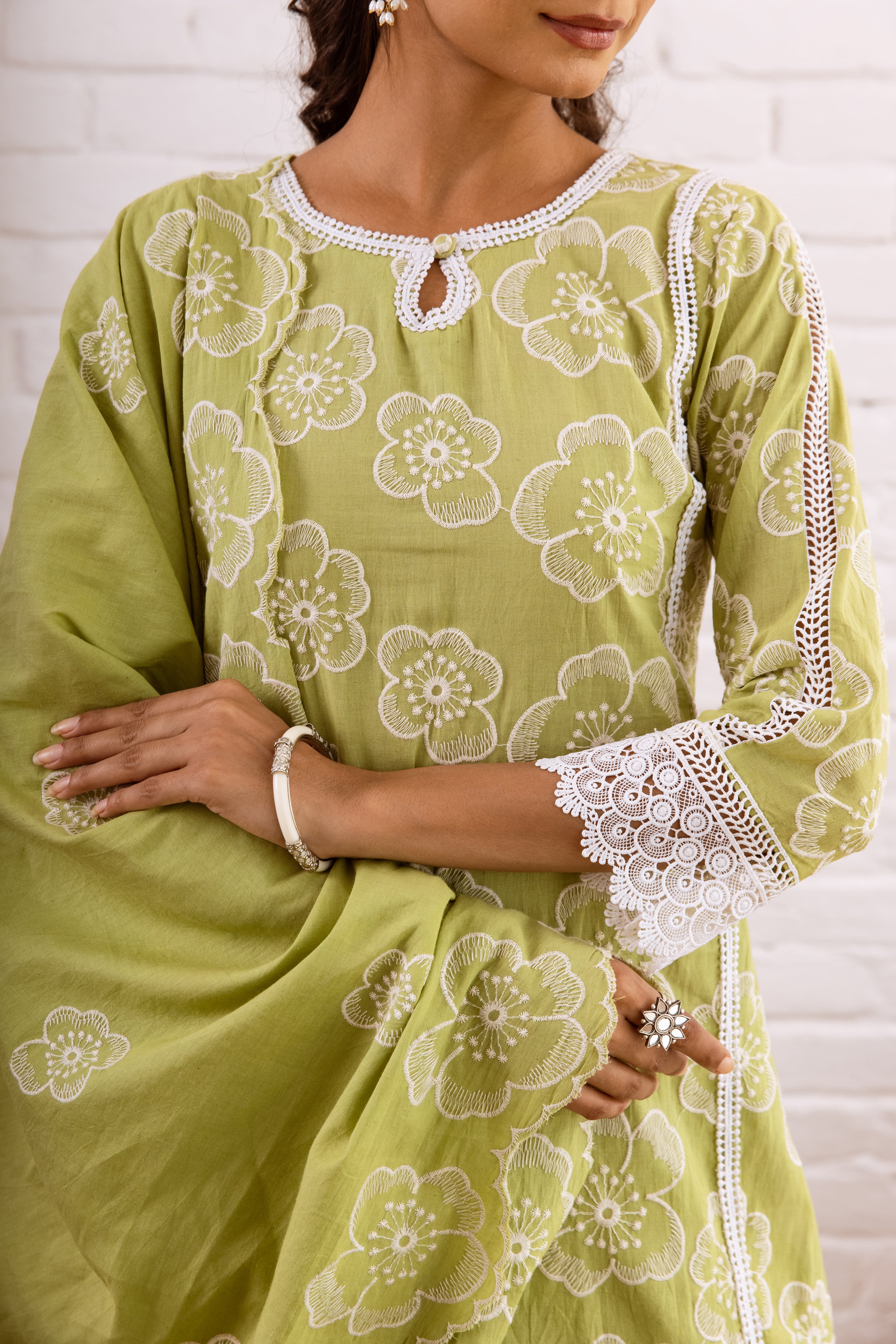 ZOORI LIME GREEN EMBROIDERY GHARARA SET  - SET OF 3