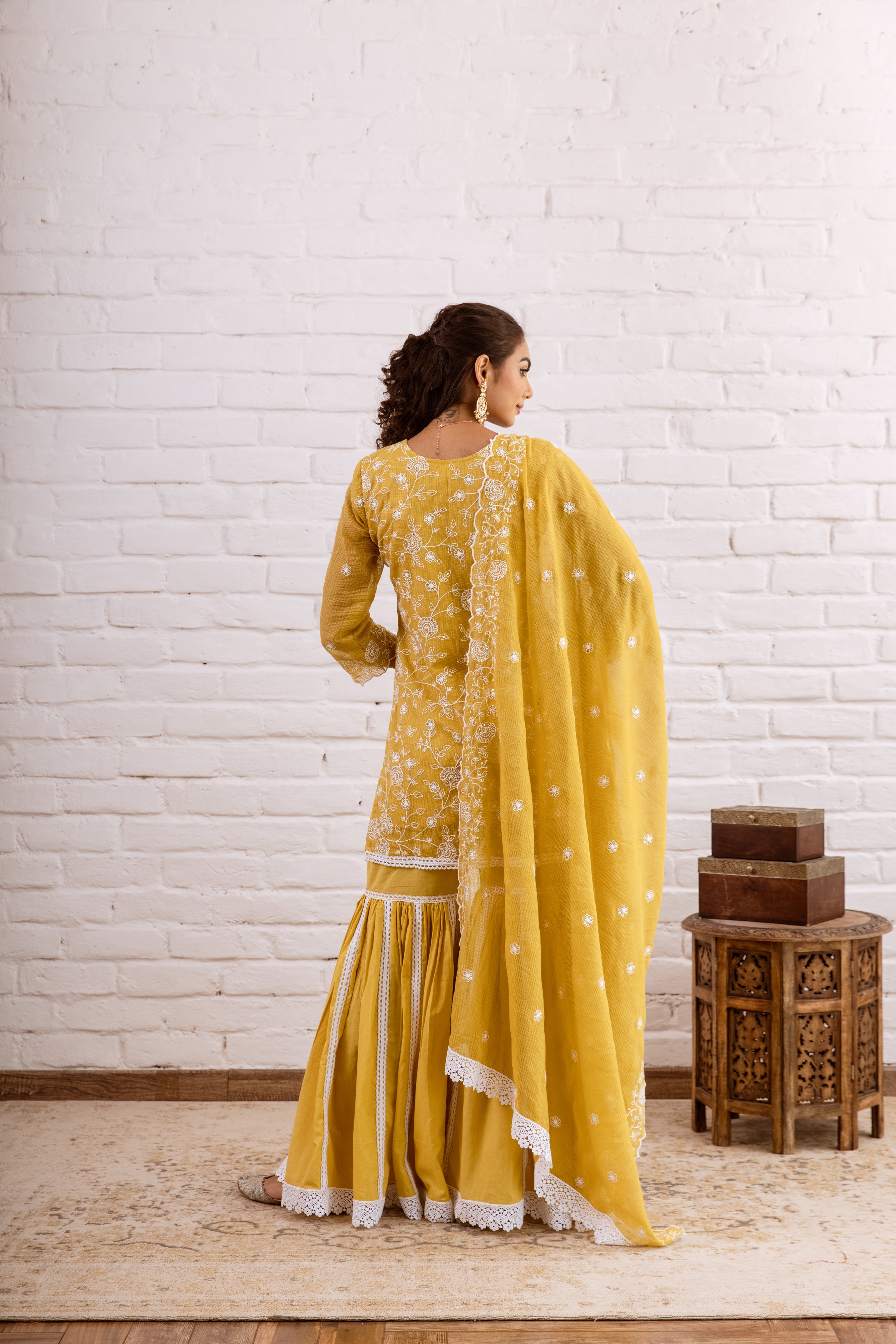 ZOORI  MUSTARD YELLOW KOTA DORIYA EMBROIDERY GHARARA SET - SET OF 3