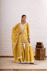 ZOORI  MUSTARD YELLOW KOTA DORIYA EMBROIDERY GHARARA SET - SET OF 3