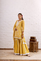 ZOORI  MUSTARD YELLOW KOTA DORIYA EMBROIDERY GHARARA SET - SET OF 3