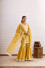 ZOORI  MUSTARD YELLOW KOTA DORIYA EMBROIDERY GHARARA SET - SET OF 3