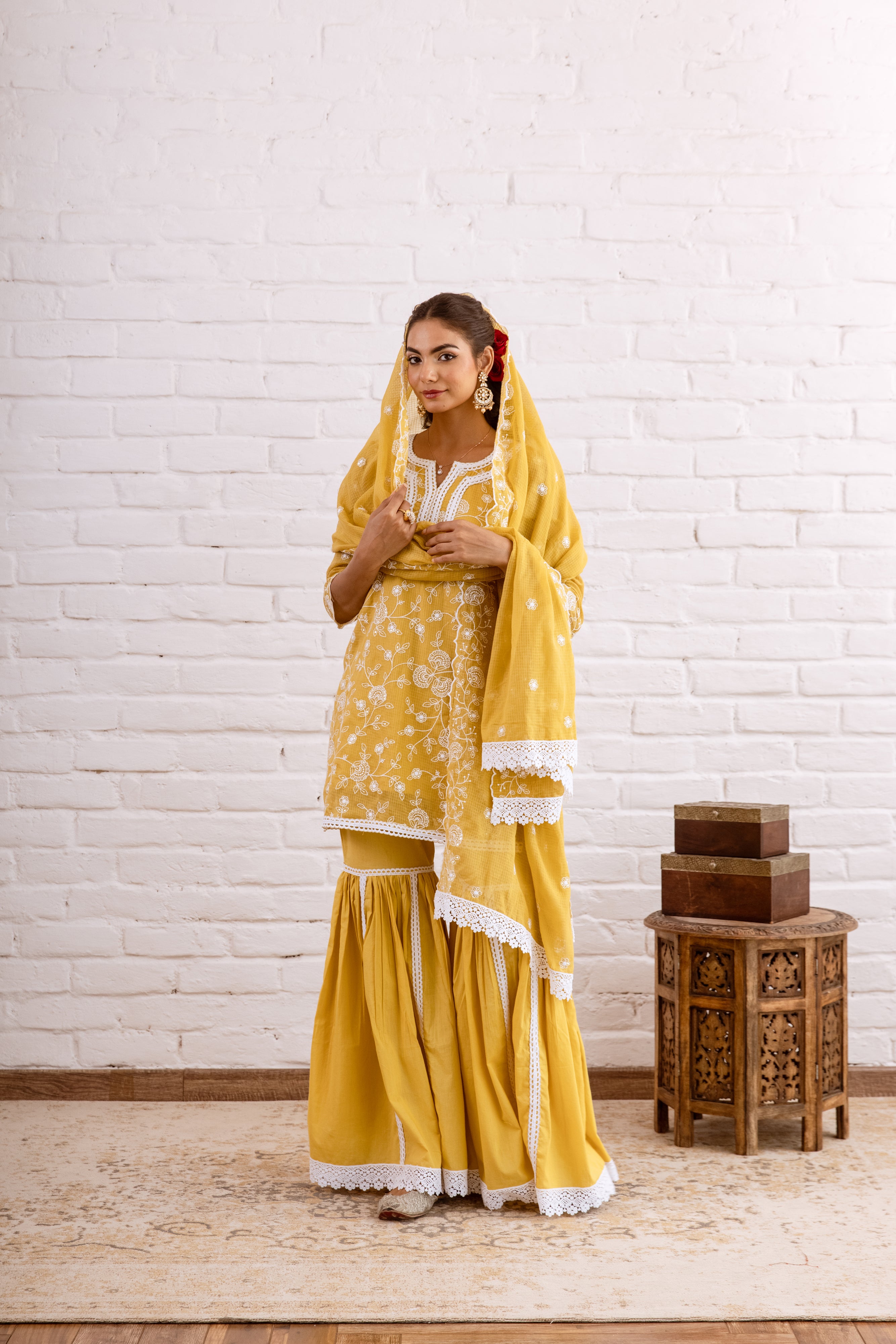 ZOORI  MUSTARD YELLOW KOTA DORIYA EMBROIDERY GHARARA SET - SET OF 3