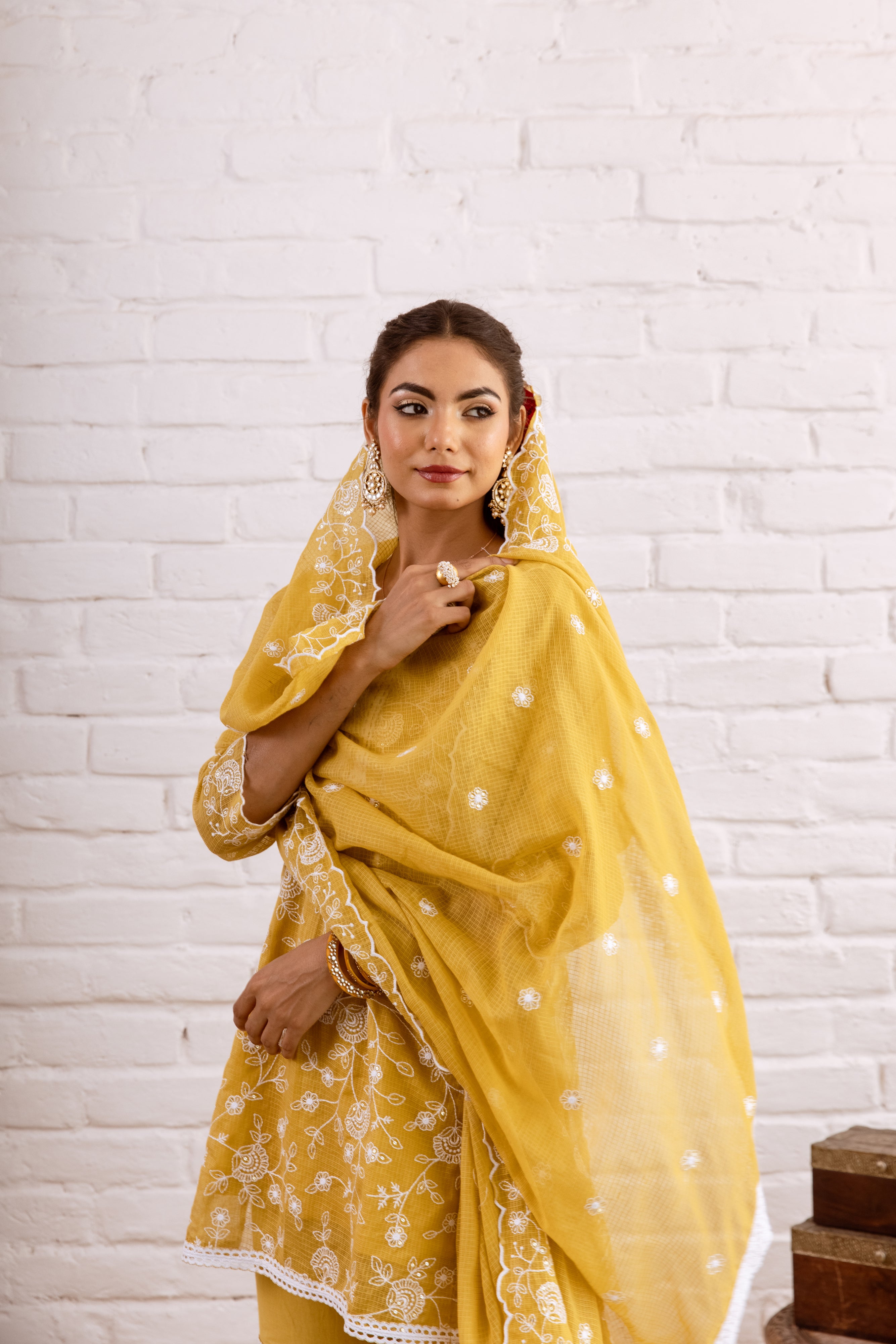 ZOORI  MUSTARD YELLOW KOTA DORIYA EMBROIDERY GHARARA SET - SET OF 3