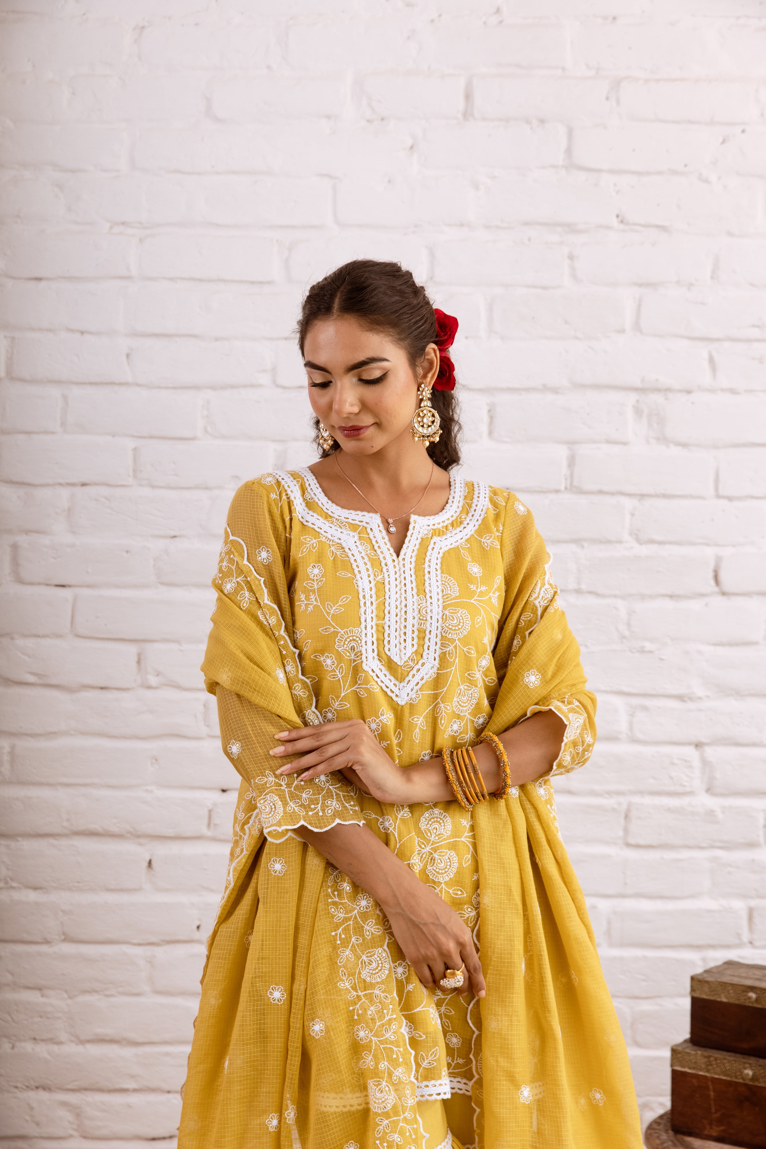 ZOORI  MUSTARD YELLOW KOTA DORIYA EMBROIDERY GHARARA SET - SET OF 3