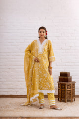 ZOORI  MUSTARD YELLOW KOTA DORIYA EMBROIDERY KURTA  SET -  SET OF 3