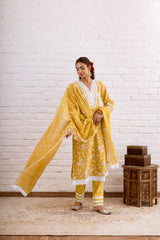 ZOORI  MUSTARD YELLOW KOTA DORIYA EMBROIDERY KURTA  SET -  SET OF 3