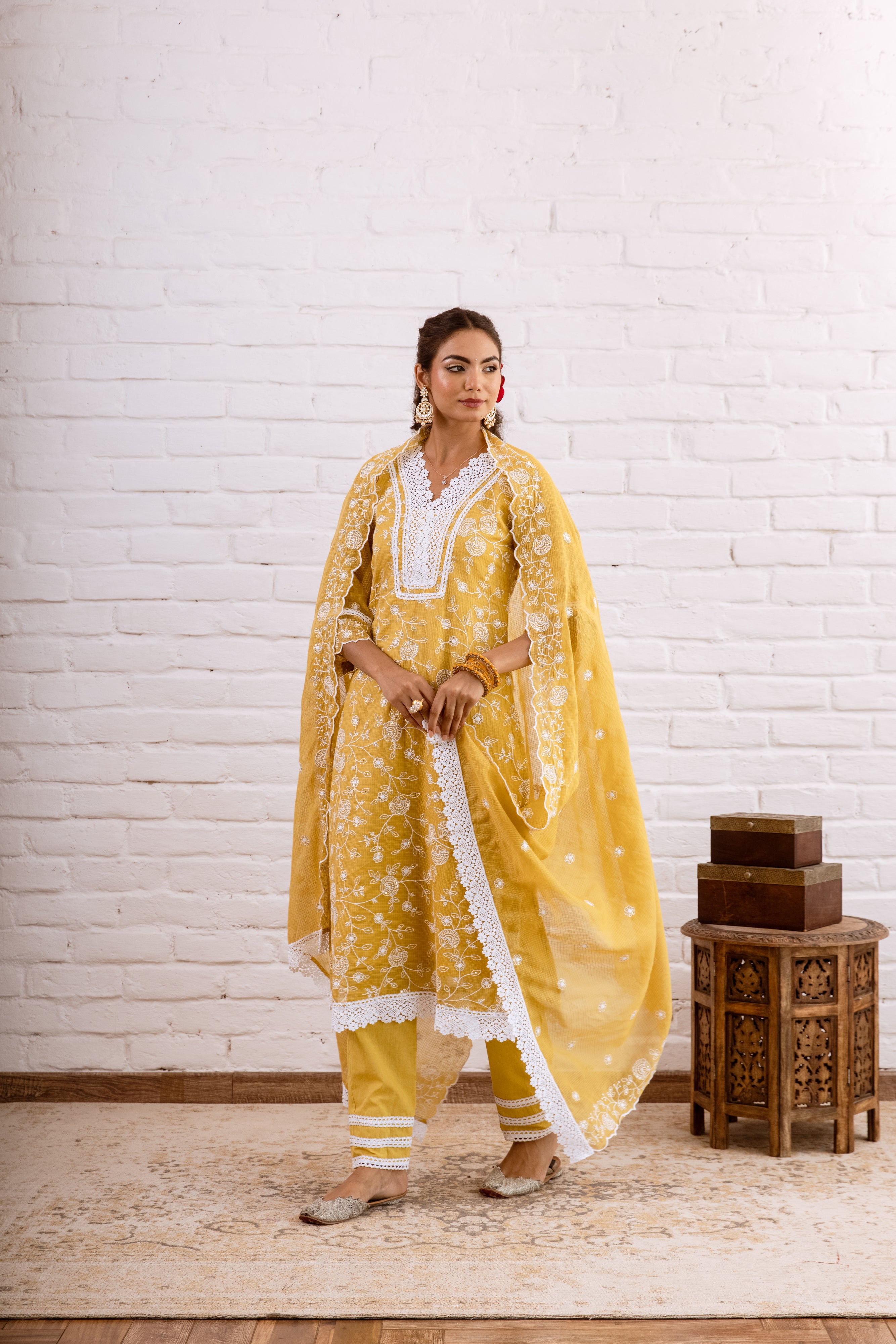 ZOORI  MUSTARD YELLOW KOTA DORIYA EMBROIDERY KURTA  SET -  SET OF 3