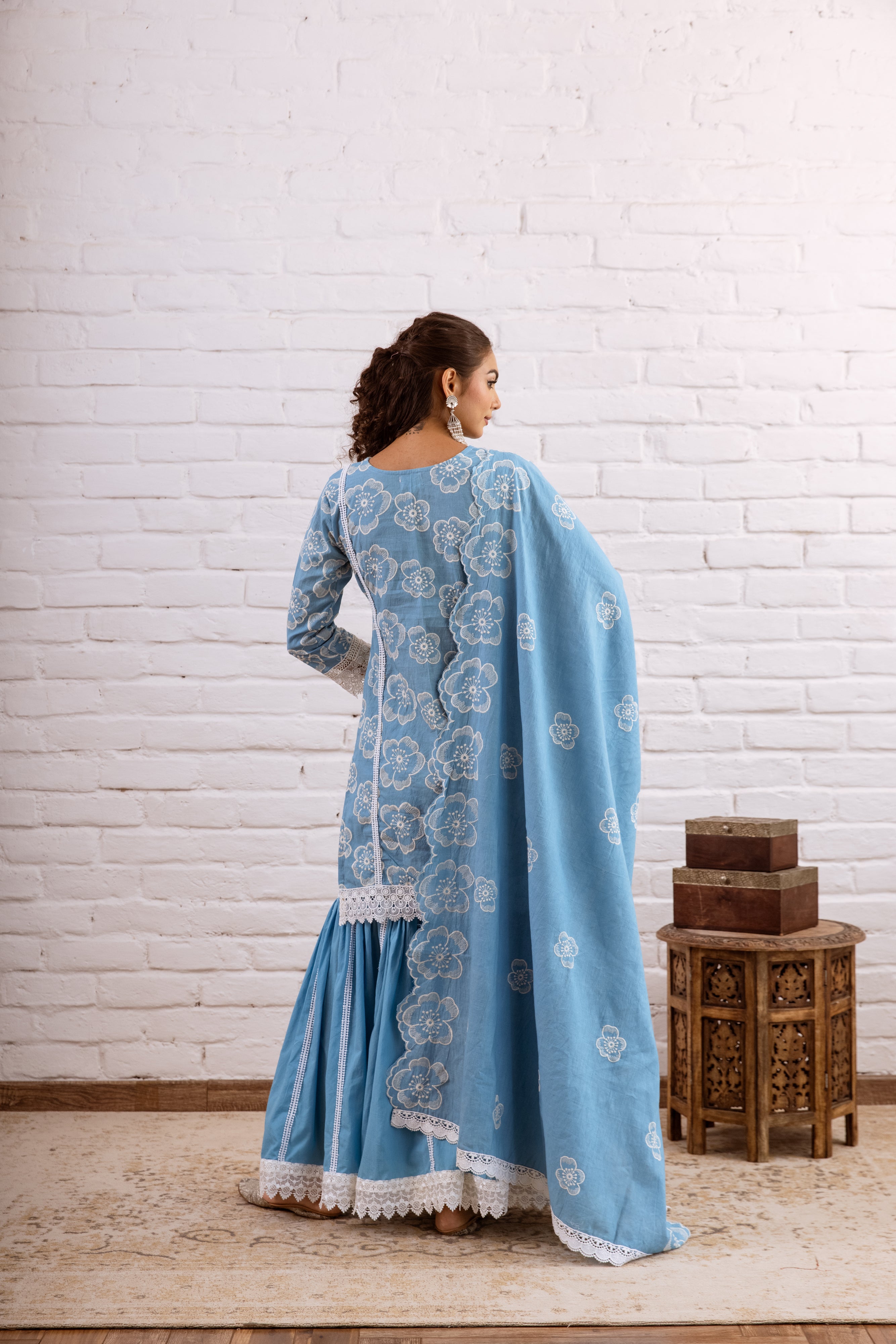 ZOORI TURQUOISE EMBROIDERY GHARARA SET  - SET OF 3