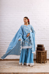 ZOORI TURQUOISE EMBROIDERY GHARARA SET  - SET OF 3