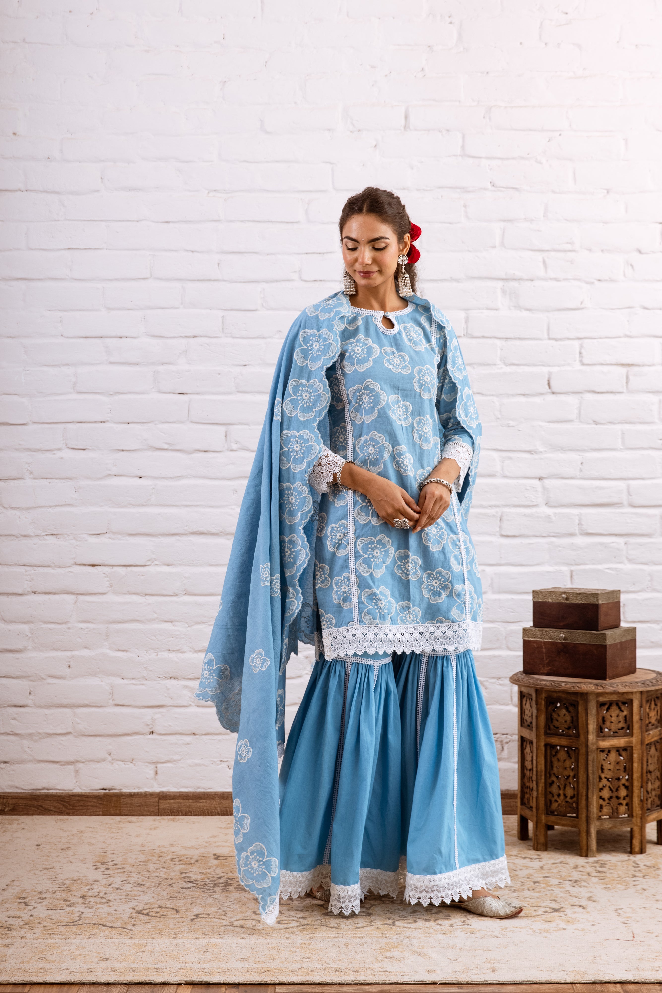 ZOORI TURQUOISE EMBROIDERY GHARARA SET  - SET OF 3