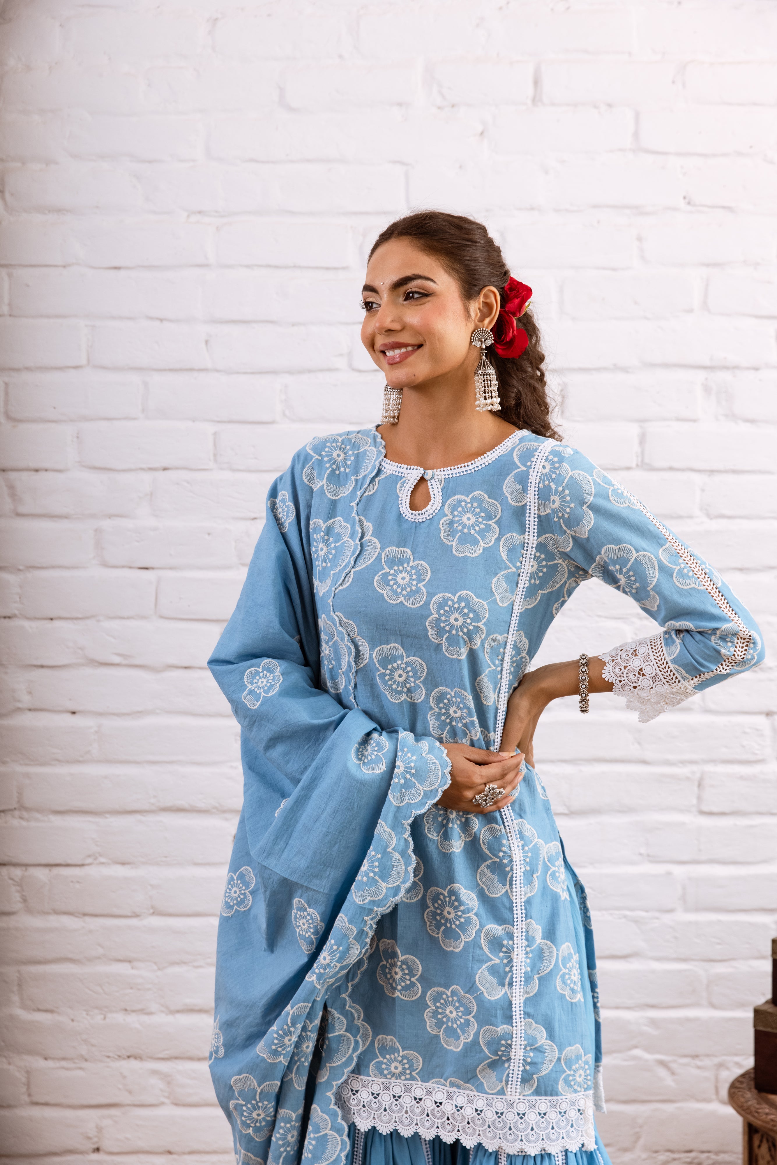 ZOORI TURQUOISE EMBROIDERY GHARARA SET  - SET OF 3